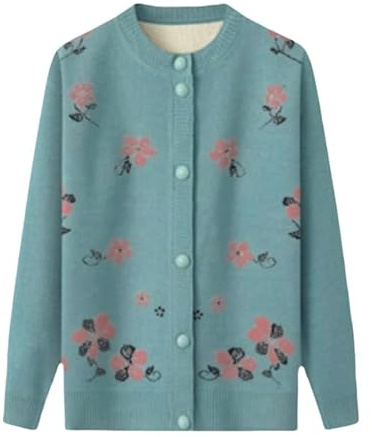 Cardigan Polaire Chaud pour Femme Senior Pull Bleu Cardigan Tricoté pour Femme D'Âge Moyen et Âgée Haut Décontracté Manteau pour Grand-Mère Veste Chaude d'automne et d'hiver L