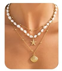 Starfish Seashell Beach Summer Layered Necklaces for Women Non Tarnish Waterproof Gold Plated Pearl Necklace Stack Choker Paperclip Chain Ocean Trendy Vacation Jewellry (3pcs Starfish&Shell&Conch)