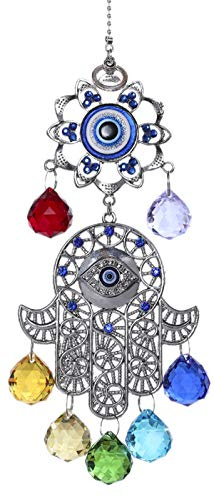 Hamsa Hand with Blue Evil Eye Protection Hanging Crystal Ornament with Chakra Energy Crystal Balls