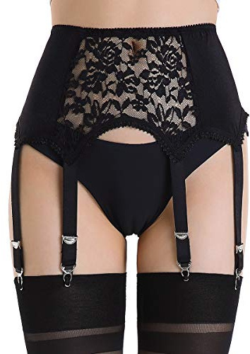 Alacki Porte-jarretelles rétro à panneau de dentelle florale ajouré creux style court 6 bretelles suspendues, noir, Large