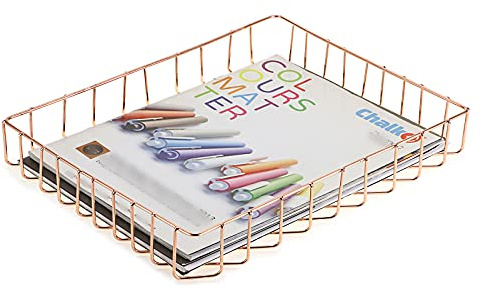 BTSKY Multipurpose A4 File Tray Wire Desk Tray Organizer Elegant Letter Size Desk Documents Trays Magazine Files Storage Basket Organizer Bin for Office Cosmetics Bathroom(Rose Gold)
