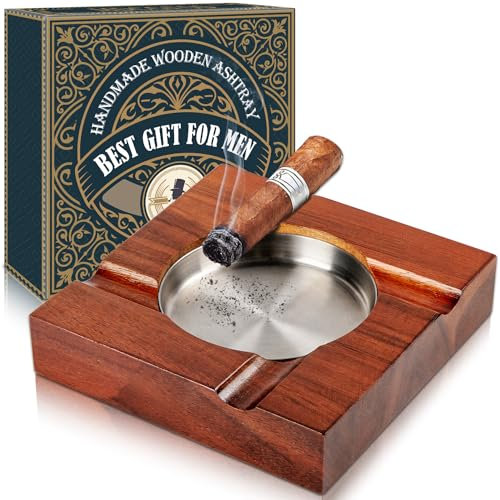 MDCGFOD Wooden Brown Square Cigar Ashtray, 4 Slot Cigar Holder, Indoor/Outdoor Patio Home Office Use, Gift Box