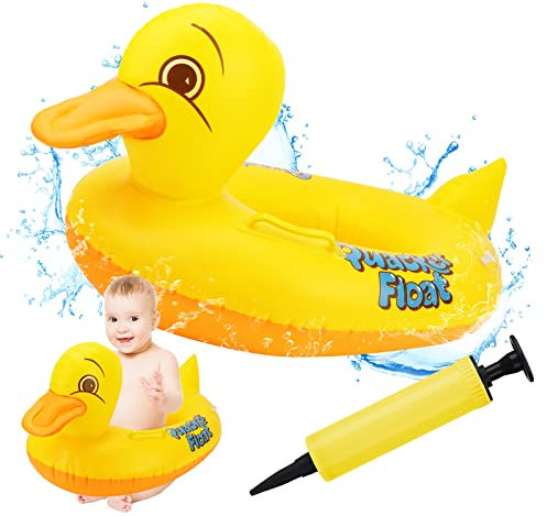 Duck Shaped Baby Swimming Ring, Inflatable Baby Swimming Float PVC Safety Aid Float Seat Circle Swim Float Boat with Double Handle and Inflator for Age 6 Months to 3 Years Toddler Floating Training