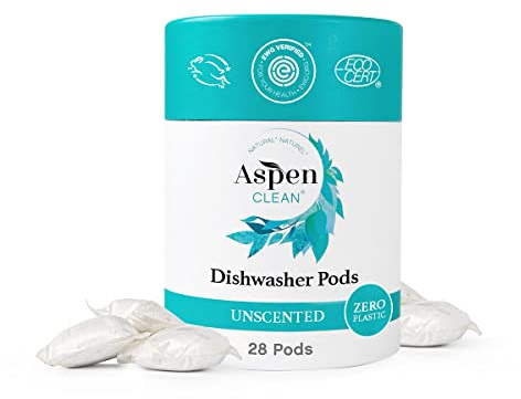 AspenClean Unscented Dishwasher Pods , 28 Count, Zero Plastic, Plant-Based Natural Dishwasher Detergent Pacs - Powerful Eco-Friendly, Pet & Baby Safe, EWG Verified™ & A Rated
