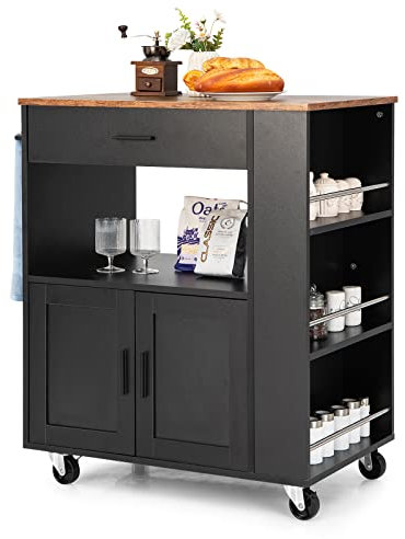 COSTWAY Carrello da Cucina con Ruote, Isola da Cucina con 3 Portaspezie 1 Cassetto Armadietto a 2 Porte, Carrello Portaoggetti con Portasciugamani, 82x50x92 cm (Nero)
