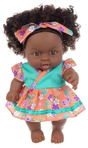 New Born Baby Puppe Schwarze Puppe 12 Zoll Wiedergeborene Babypuppe Afrikanische Puppe Mit Lockigem Haar Reborn Baby Puppenspielzeug Babypuppen Im Kleid für Kinder Mode Spielpuppe Kinder Mädchen