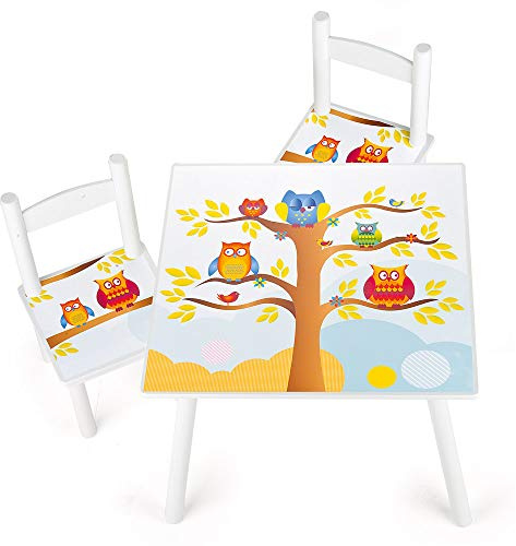 leomark Mesa y sillas Infantiles de Madera Blanca para niños y niñas, Conjunto ergonómico y Seguro, Mesa de Juegos y Dibujo, Muebles habitación Infantil, Idea Regalo práctica, Búhos