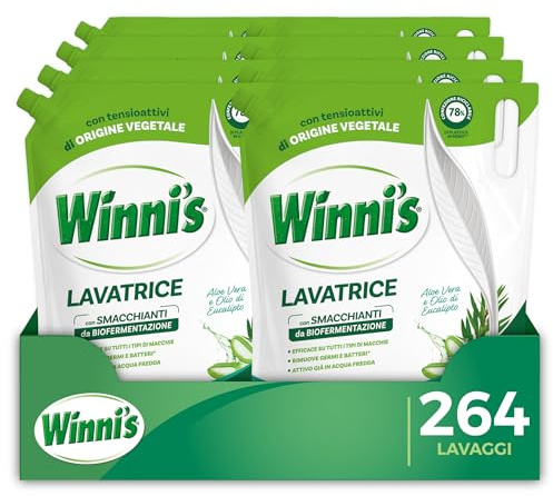 Winni's - Detersivo Lavatrice Igienizzante Ipoallergenico in Ecoformato, 264 Lavaggi, con Smacchianti Naturali da Biofermentazione, Con Materie Prime Vegetali, 1485 ml x 8 Confezioni