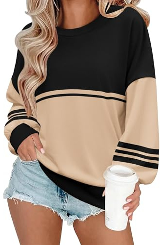 Zeagoo Sweatshirts Femme Oversized Manche Longue T-Shirts Col Rond Haut Basic Pull Décontracté Sport Streetwear Y2K Tops Chic T Shirts Automne Hiver Abricot Noir S