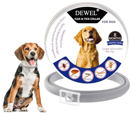 DEWEL Collar Antiparasitarios para Perros Grandes y Medianos 62,5 cm, Collar Protege Perros de Pulgas, Garrapatas, Mosquitos, Piojos de 8 Meses, Collar contra Pulgas y Garrapatas Ajustable Gris