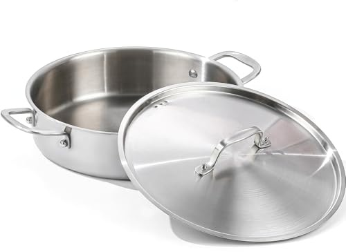 DELARLO Tri-Ply Stainless Steel 7 Quart Braiser Pan with Lid Induction Rondeau Pot With Lid 12inch Deep Frying Pan Large Saute Pan Heavy Duty Style Compatible With All Cooktops Up to 650℉