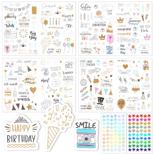 Lot de 6 autocollants d'anniversaire - Pour livre d'or - Format A4 - Scrapbook - Décoration d'anniversaire - Livre d'or allemand - Avec autocollants étoiles brillantes - Autocollants d'anniversaire