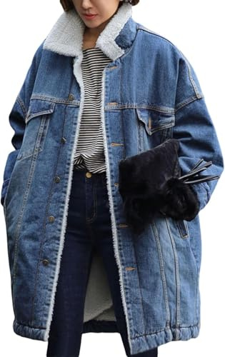 Veste d'hiver Longue en Jean doublée Sherpa pour Femme Coupe-Vent en Jean doublé Polaire Bouton épais Manteau Chaud en Peluche Manteau Chaud à Manches Longues (Bleu,M)