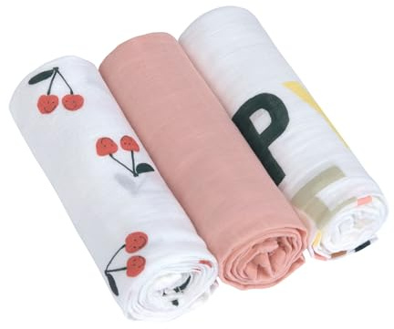 LÄSSIG Bébé Drap de puériculture Couverture de puériculture Lot de 3 Coton 80 x 80 cm/Heavenly soft Swaddle L Happy Fruits Cherry
