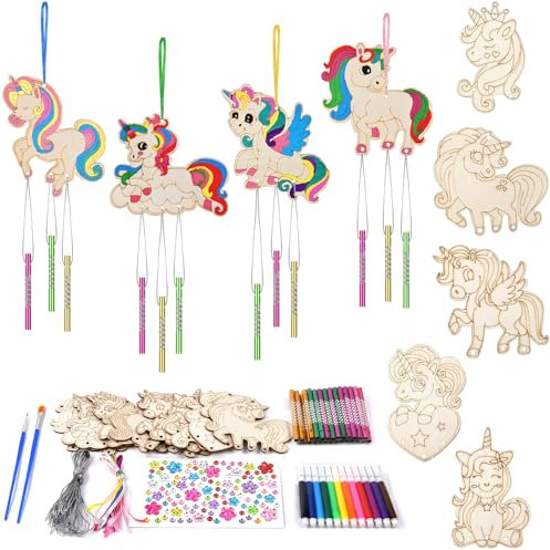 Ainiv Kits Bricolage 9Pcs Licorne Carillon à Vent en Bois, Loisirs Créatifs pour Filles, Carillons Éoliens en Bois à Peindre Soi-Même pour Garçons et Filles, Enfants Cadeau Fête Anniversaire