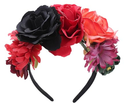 JIHUOO Couronne de fleurs mexicaine Bandeau Jour des morts Rose Bandeau Halloween Couronne Florale Jour des morts Bandeau Festival Costume Bandeau pour femmes et filles A