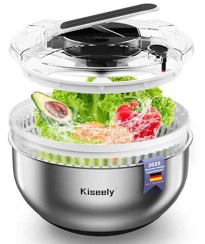 Salatschleuder aus Edelstahl, leicht zu drückender großer Gemüsetrockner, Zum Salat waschen und trocknen, 4,2L, mit Schüssel und Deckel aus Edelstahl 304 für Salat, Gemüse, Kräuter, Beeren (JH1)