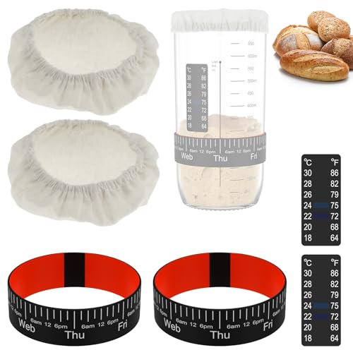 Sourdough Starter Jar Kit 6pcs 900ml Glass Sourdough Starter Kit with Thermometer, Wooden Lid, Cloth Cover, Rubber Ring, Silicone Spatula, Reusable Sourdough Bread Baking Supplies, Home Baking Supplie