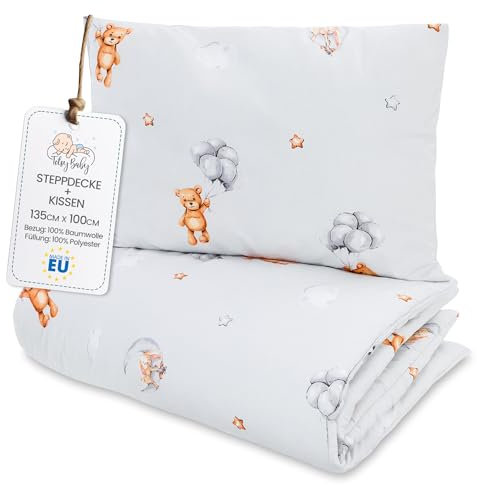 Kinder Bettdecke ohne Bezug 100x135 cm - Baumwolle Baby Decke und Kissen Set Kinderdecke 100 x 135 und Kopfkissen 60 x 40 - Bettdecken Kinderbettdecke Oeko-Tex Teddybären