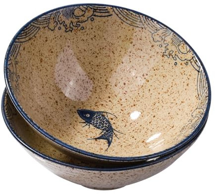 Fignner Japanese Ceramic Ramen Bowls Set of 2, 40 oz Large Serving Bowls with Fish Design