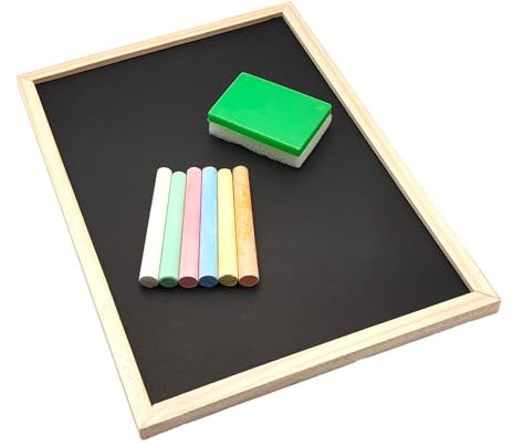 Kit de pizarra negra de madera de 28 x 35 cm con marco natural, 6 tizas de colores y cima de esponja, perfecta para mensajes creativos, dibujos y juegos educativos para niños y adultos