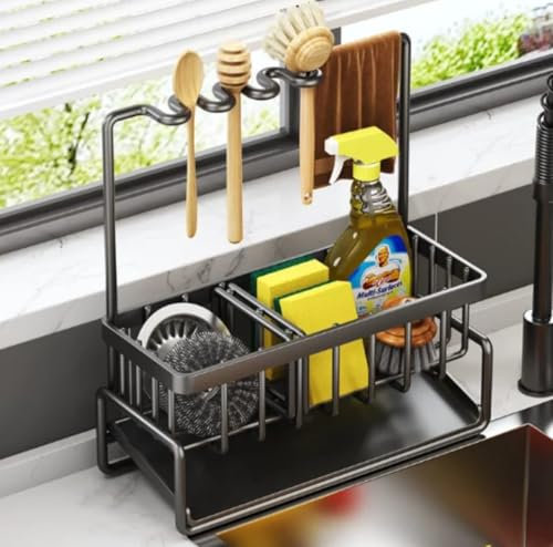 OoNeM Super Pack Organizador de Fregadero Acero Inoxidable y Cepillo Lavaplatos Natural | Soporte Estropajo y Porta Bayetas | Diseño Compacto | Sink Organizer