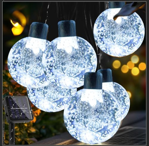 Solar Garden Lights Outdoor, 30 LED 8M/26Ft Solar String Lights Outside Waterproof, 8 Modes Crystal Ball Fairy Lights String Decorative for Patio Yard Camping Ggazebo Party Wedding Porch（White Light）