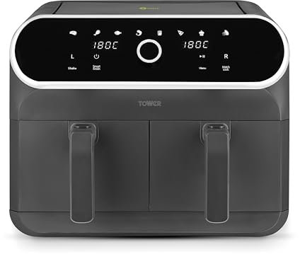 Tower T17194 Elite Dual Basket Air Fryer with Digital Control Panel, Match Cook & Smart Finish Functions, 8 Cooking Presets, Vortx Technology, 8L, 1700W, Graphite