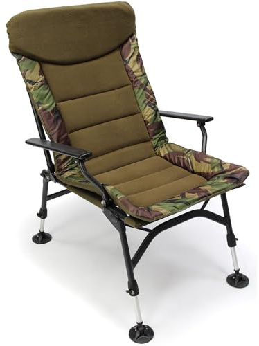 Camo High-Back Fishing Chair with Steel Armrests – Padded Fleece Seat, Adjustable Legs & Mud Feet – Comfortable, Sturdy & Foldable for Carp Anglers Or Campers