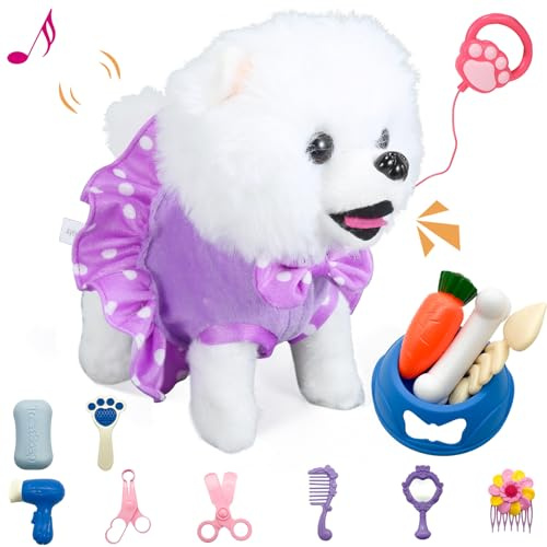 GOBRILLFUN Interactive Marche en Peluche Chiot Jouet Chien, Commande à Distance électronique Chien Robot réaliste Wagging Queue, Riche Set de Soins, Jouet Cadeau pour Enfants âges 3, 4, 5, 6 (Purple)