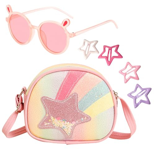 MLPKOI Sac Petite Filles, Sac à Main Fille Arc en Ciel Étoile Petit, Sacs à Main Fille pour Tout-Petits Filles avec Accessoires, Sacs à Bandoulière avec Lunettes de Soleil et Épingles à Cheveux, Rose