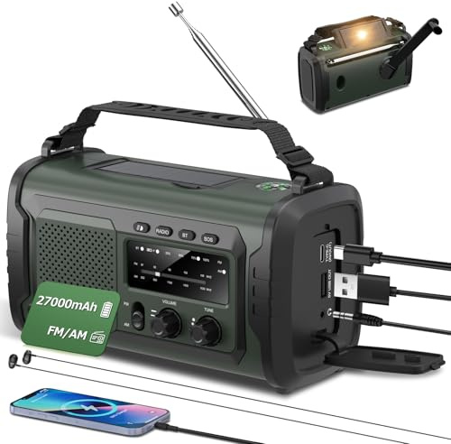 27000mAh Radio a Manovella, FM/AM Radio Solarecon Bluetooth 5.3/Allarme SOS/Bussola/Torcia Elettrica,Radio A Dinamo Per La Preparazione All'aperto Ai Disastri Naturali