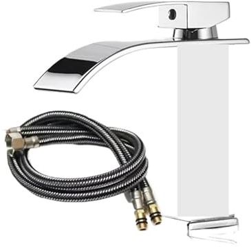 Rostfritt stål vattenfall handfat kran med slang för varmt och kallt vatten, toalett, badrum, kök, hem (silver kort)