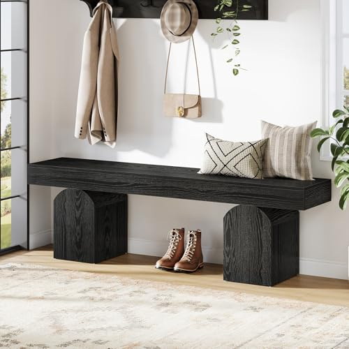 Tribesigns skobänk, 150 cm lång svart sittbänk med böjda fötter, träbänk för hall, vardagsrum, sovrum