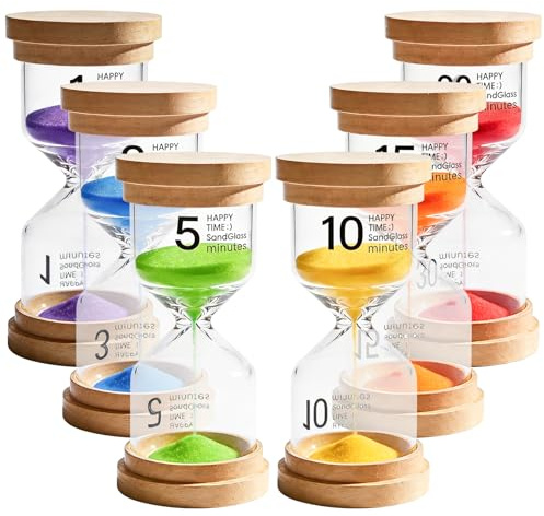 Set di clessidre per bambini, in legno, 6 pezzi, timer per sabbia, 1/3/5/10/15/30 minuti, clessidre colorate per bambini, anti caduta timer, clessidre per lavarsi i denti, giochi, cucina, decorazione