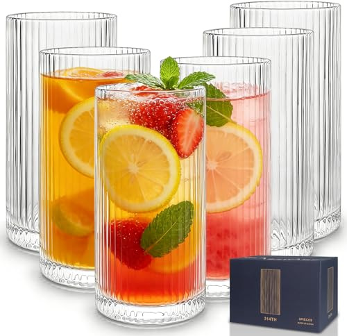 Ribbed Glassware Set, Highball Straight Glass Cups, 6 Pack Drinking Glasses, Vintage Style Glasses, Perfect for Everyday Family, Parties and Gatherings, Serve Cocktails, Wine and Champagne,12OZ
