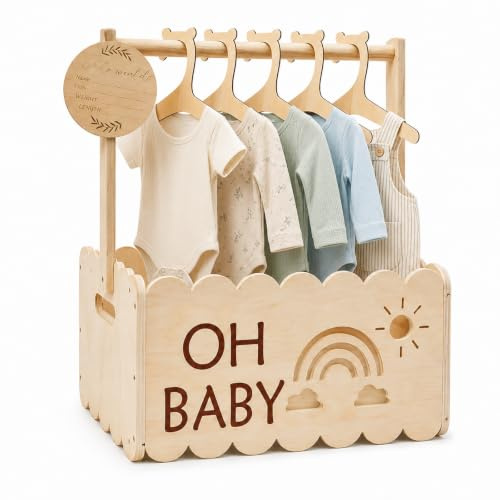 Träbabyshower gåva med handtag, babyförvaringskorg, presentkorg i trä, babykorg, nyfödd för gravida kvinnor, nya föräldrar, perfekt för blöjor, kläder och leksaker (inga galgar)