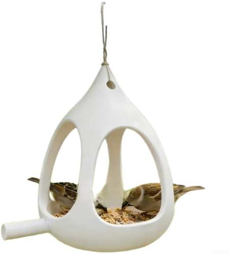 Mangeoire sphérique à oiseaux à suspendre avec système de drainage, matériau PET résistant aux intempéries, station de nourriture pour oiseaux sauvages pour cour, terrasse, design contemporain (blanc)
