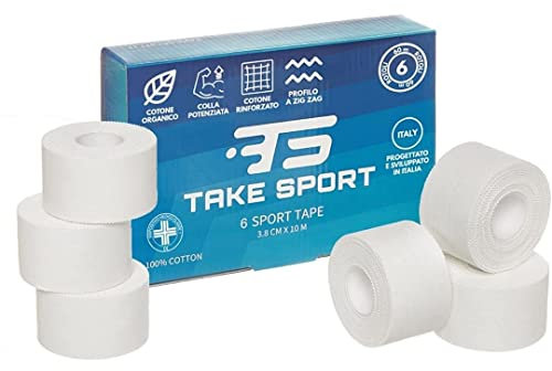 TAKE SPORT® Sportbänder, Crossfit, Bandagen boxen, Sportbänder, Trainingsbänder, Sporttape, Tape sport, Physio tape, Fingertape 3,8 x10m 100% Baumwolle Zig Zag Rand Nicht elastisch Weiß (6)