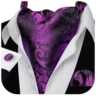 Barry.Wang Mens Purple Silk Ascort Woven Paisley Cravat Tie Pocket Square Cufflinks Set