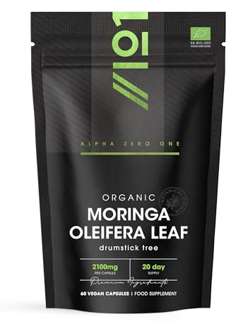 Organic Moringa 2100mg - 60 Vegan Capsules - Raw Moringa Oleifera Leaf - Rich in Vitamins, Antioxidants & Amino Acid – Resealable and Recyclable Pouch by Alpha01