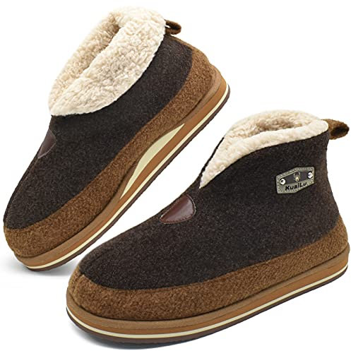 KuaiLu Hausschuhe Boots Herren Winter Filz Hausstiefel Warme Plüsch Flauschige Fell Weihnachts Hüttenschuhe Kuschel Geschlossen Slippers Männer Hauspantoffeln Lammfell Rutschfest Feste Sohle Braun 47