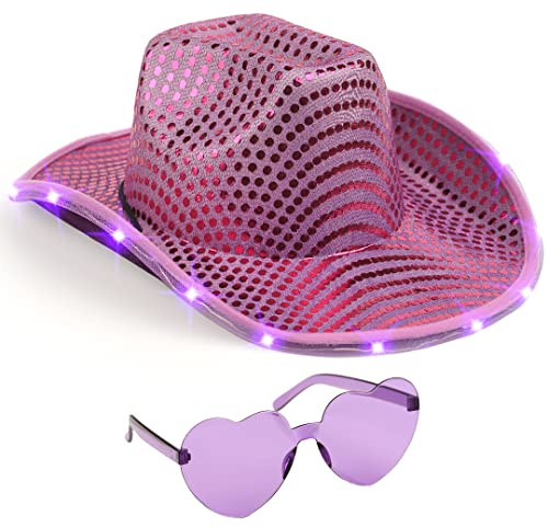 Funcredible Light Up Purple Cowboy Hat - Purple Sequin Cowgirl Hat with Heart Glasses - Perfect for Space Cowgirl Outfit, Cowgirl Outfits and Spirit Wear