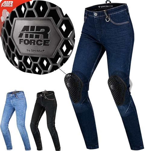 SHIMA DEVON Jeans Moto - Pantaloni Biker Ventilato Elastico Vestibilità Slim con Rinforzi in FiberQL, Protezioni CE per Ginocchia e Fianchi (Donna, Blu scuro, 30 LONG)