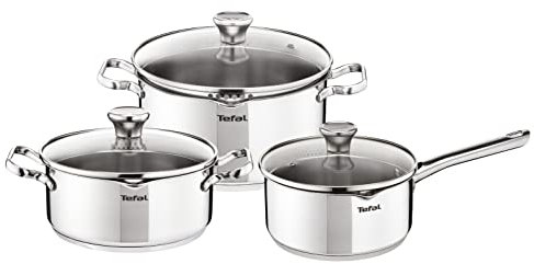 Tefal Duetto On A705S636 - Batería de cocina (6 piezas, cacerola 16 cm, ollas 20/24 cm, tapas de cristal, inducción, acero inoxidable 18/10, 10 años de garantía, base 3 capas, 3 capas, 10 años, Duetto