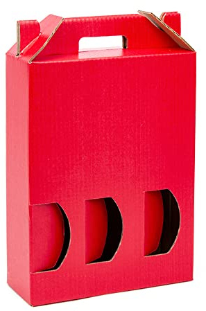 ONLY BOXES Pack 10 cajas estuche de cartón para 3 botellas de vino, cava, champagne o licor color rojo, Modelo automontable de caja con ventana para embalaje botellas muy original