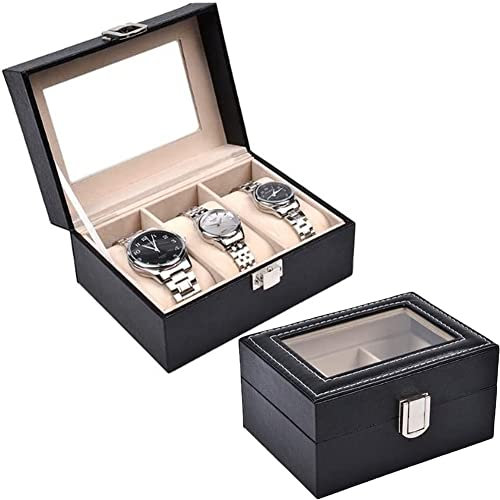 LightBeacon Scatola Porta Orologi, Pelle PU Scatola per Orologi con 3 Scomparti, Astuccio Porta Orologi con Coperchio in Vetro, Interni in Velluto, Regali per Parenti e Amici, Nero