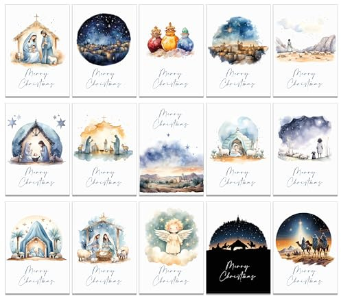 30 tarjetas de Navidad religiosas con 15 diseños diferentes y 30 sobres de papel kraft marrón reciclado