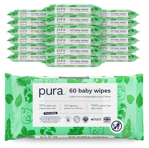 Pura Salviette per bambini, 1080 Salviette (18 x 60 salviette), Scatola mensile, 99% Acqua, 100% Senza Plastica, Senza Profumo per Pelle Sensibile, Aloe Vera, Vegano