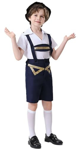 Kinder Trachten Lederhose Braun Trachtenlederhose Kurz mit Hosenträger Trachtenhut Weiß Trachten Hemden Trachtenhose Trachte Jogginghose Elegante Kurz Hose für Oktoberfest Outfit